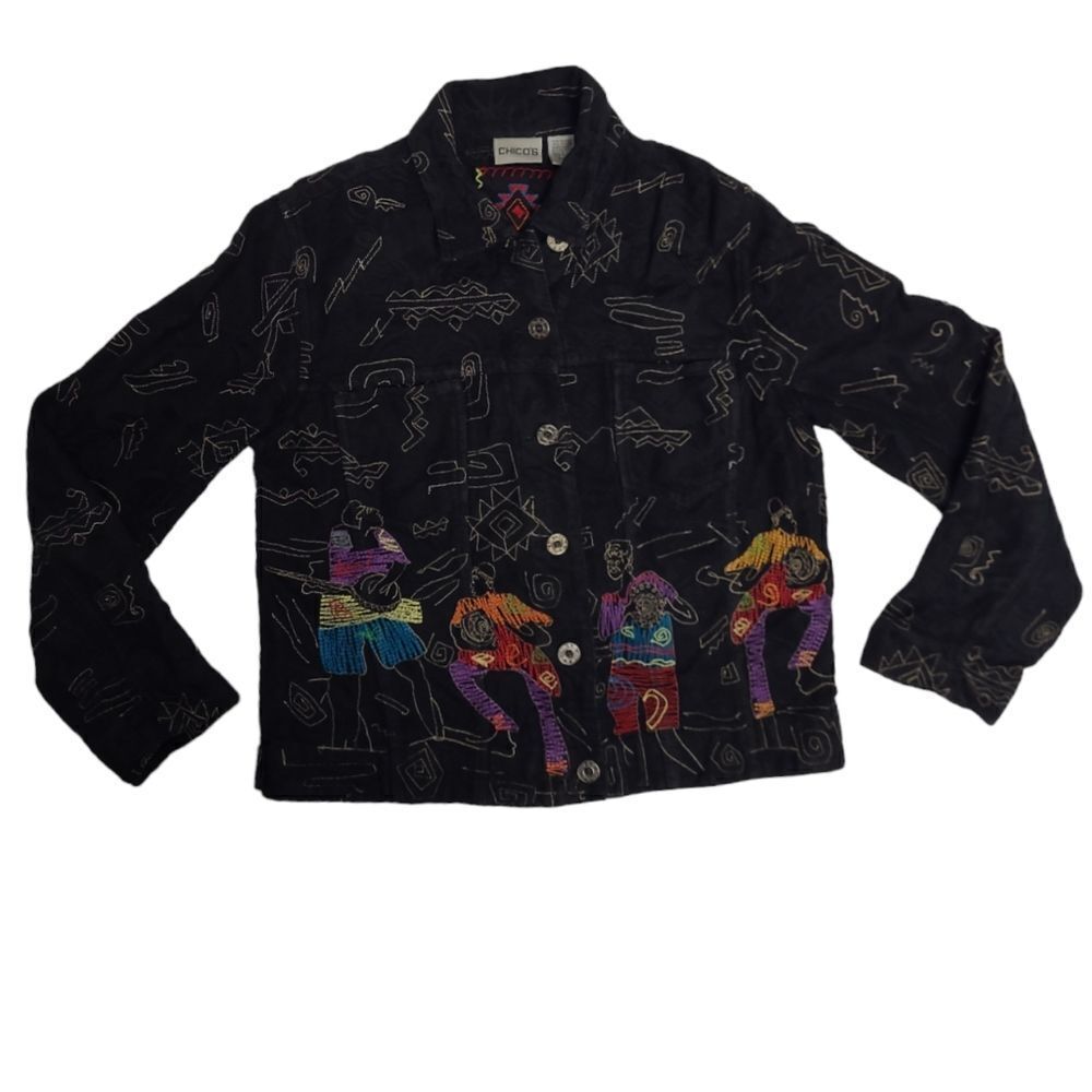 VINTAGE 90s Chico's embroidered musician black button up coat‎ shacket M
